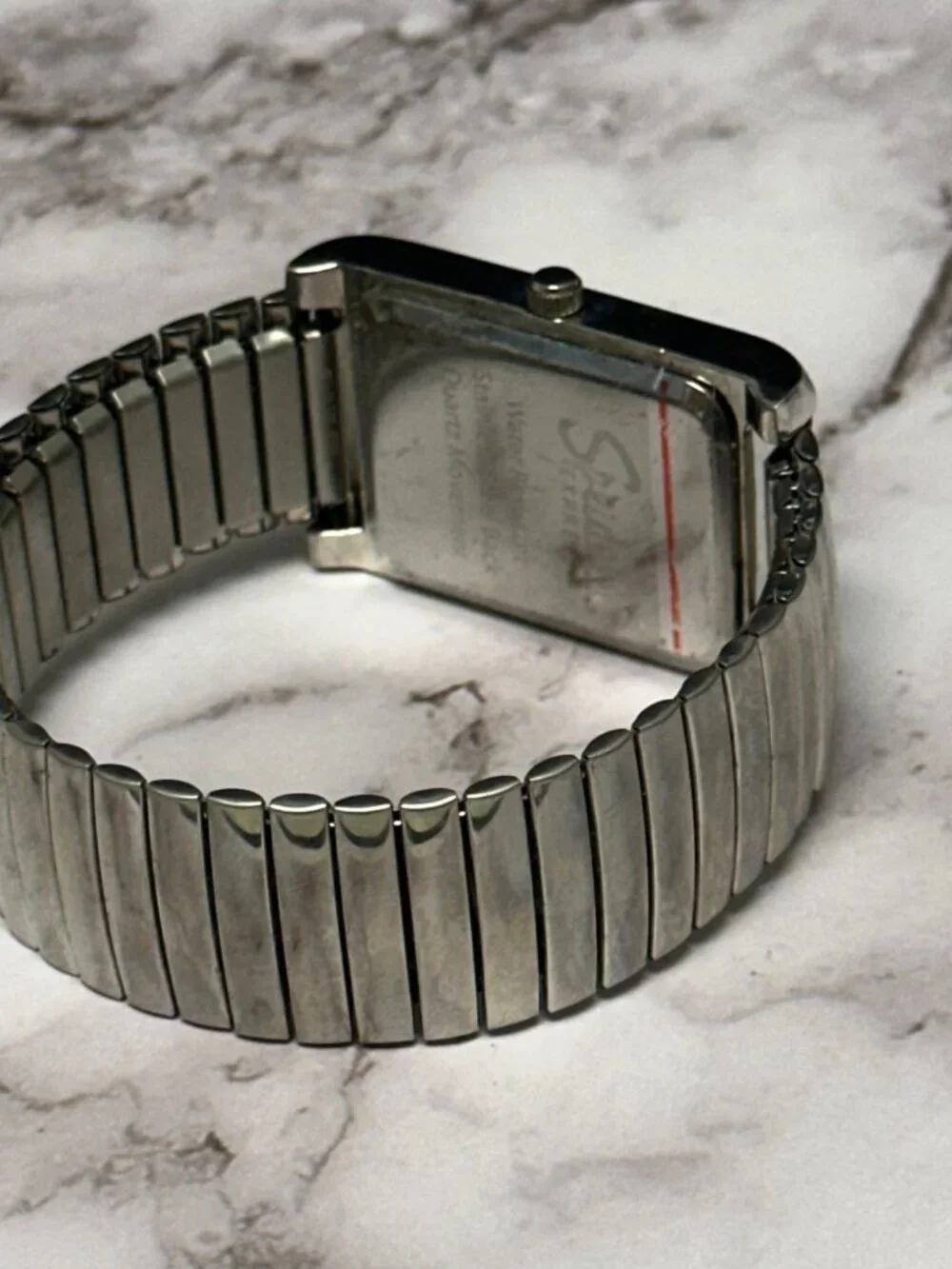 Speidel Tank Watch Women Silver Tone White Dial Stretch Band New Battery 7 Inch